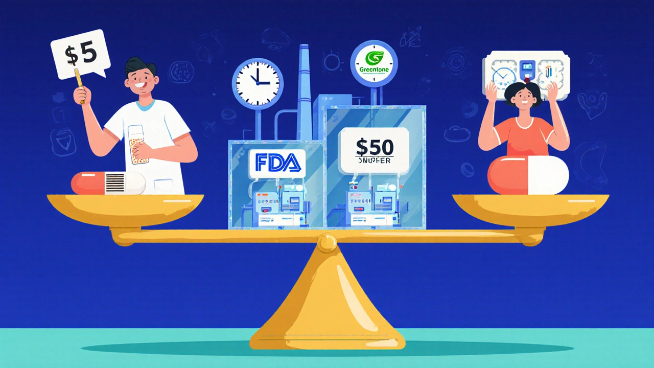 A scale balancing low-cost authorized generic pill against expensive brand-name pill, with factory and FDA icons in between.