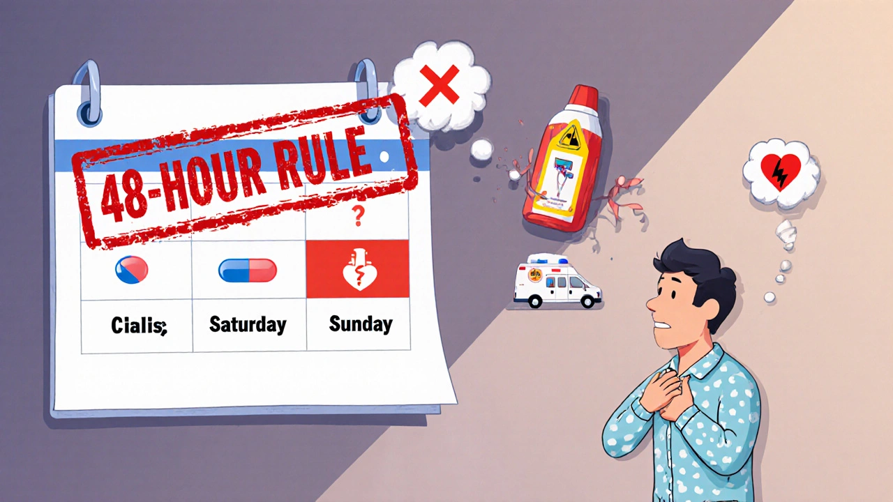 Calendar showing Cialis on Friday and chest pain on Saturday with a 48-hour rule stamp.
