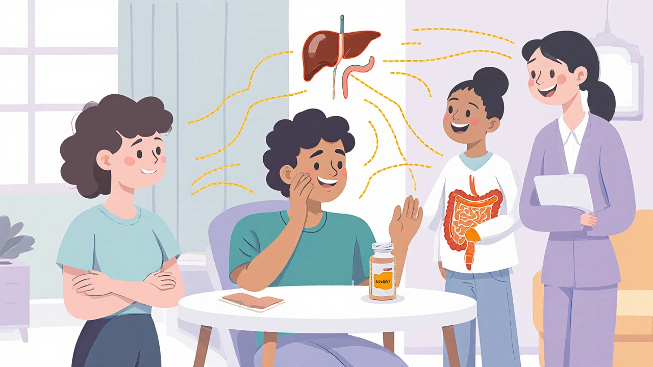 Diverse patients managing PSC symptoms with vitamins and doctor visits, connected by glowing pathways.