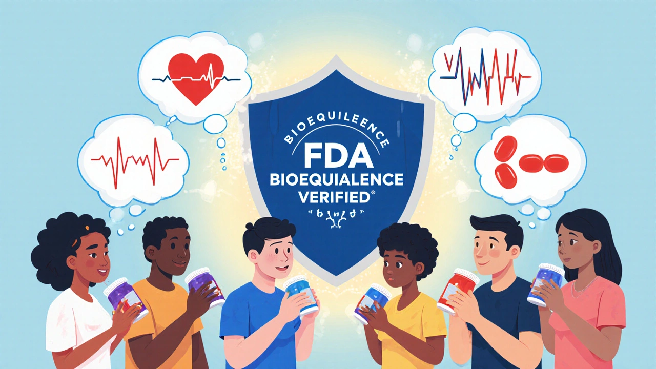Diverse people taking pills with synchronized health metrics, under an FDA verification shield.