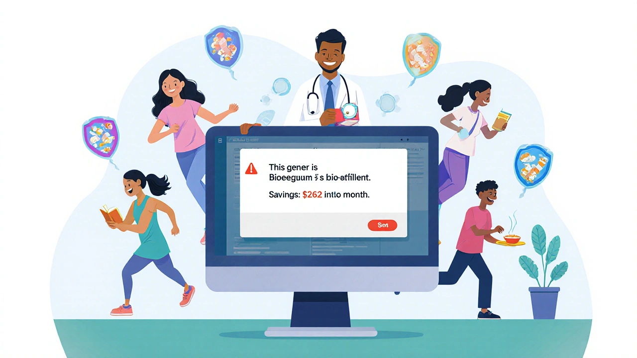 Doctor’s EHR screen displaying generic equivalence alert while patients live active, healthy lives.