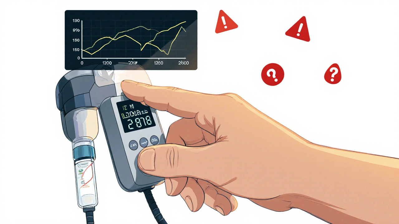 Hand using insulin pump with CGM sensor, digital glucose graph above, subtle alarm icons floating nearby.