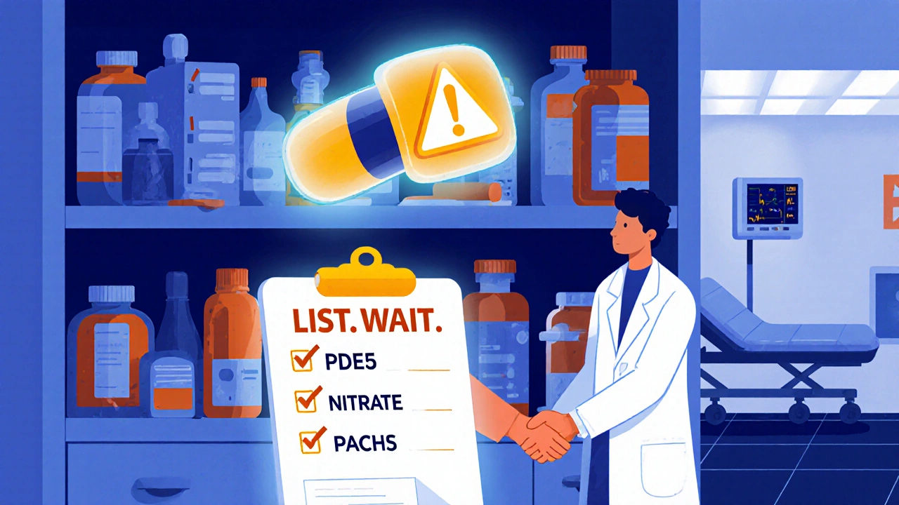 Medical alert bracelet glowing above separated medications with doctor and patient checking list.