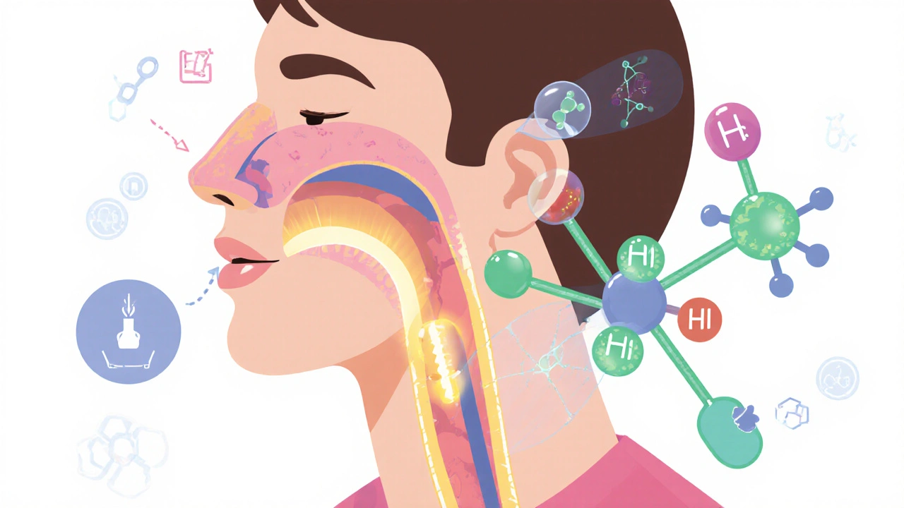 Molecular illustration showing allergy drugs blocking histamine receptors in the nose but not the brain.