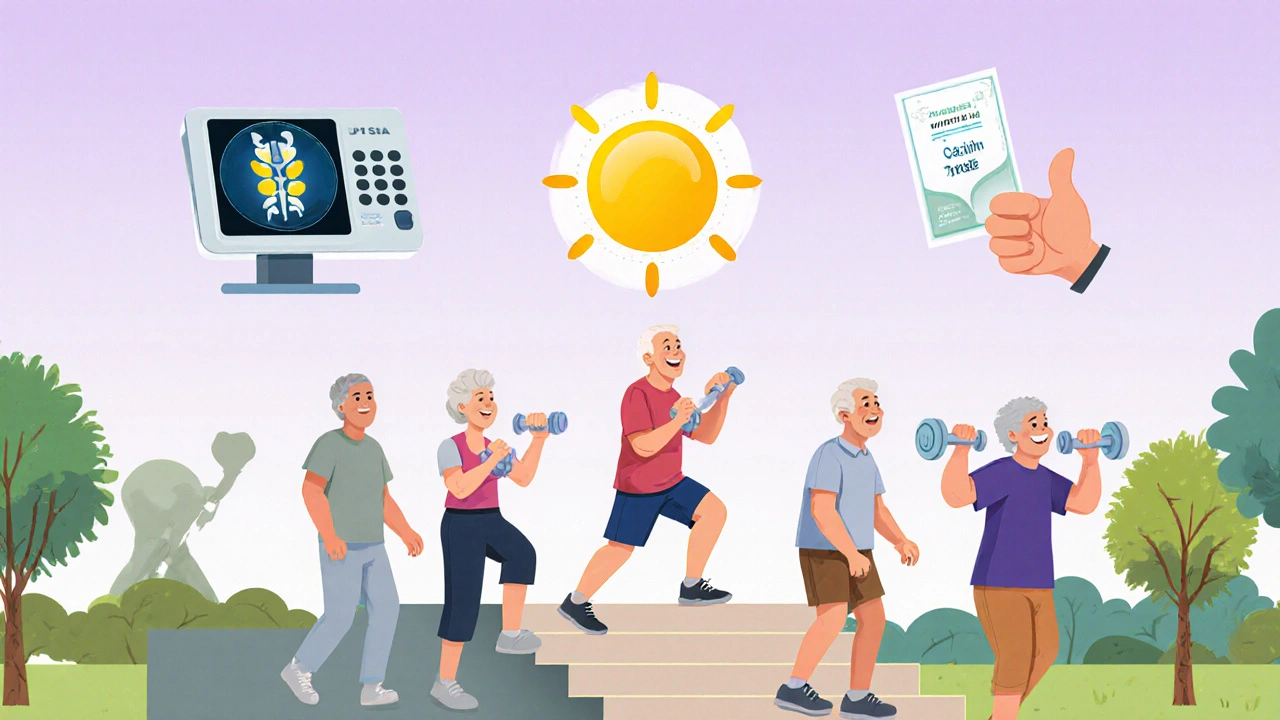 Older adults exercising in a park with icons representing bone health tips floating above them.