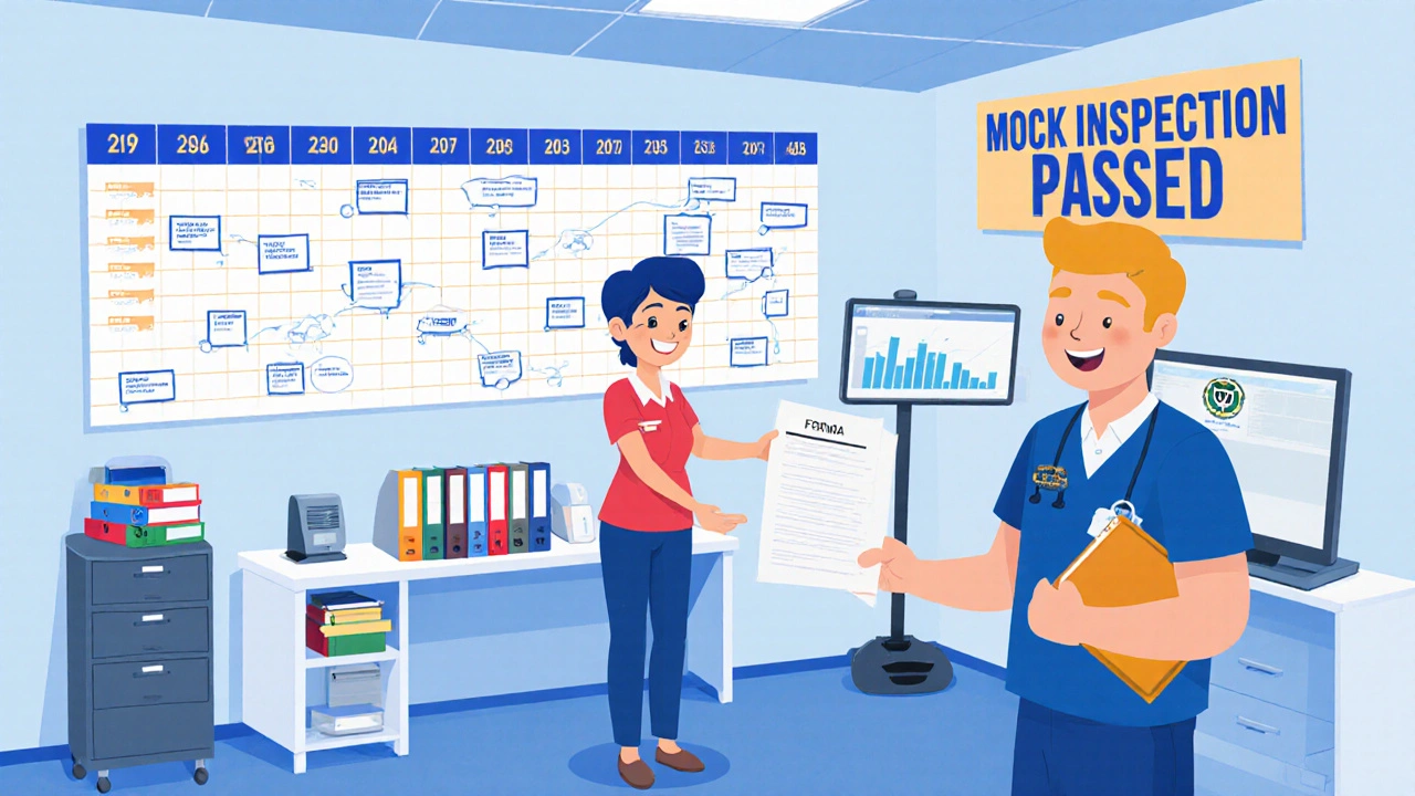 Organized inspection room with documents and team preparing for FDA visit, monitor showing compliance success.