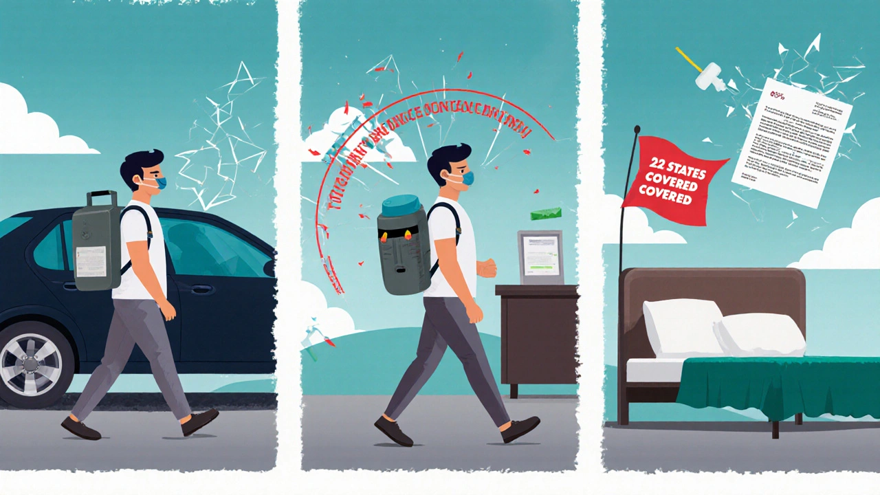 Patient carrying portable oxygen device through home, car, and office, with rising pain relief bar and insurance denial fading away.