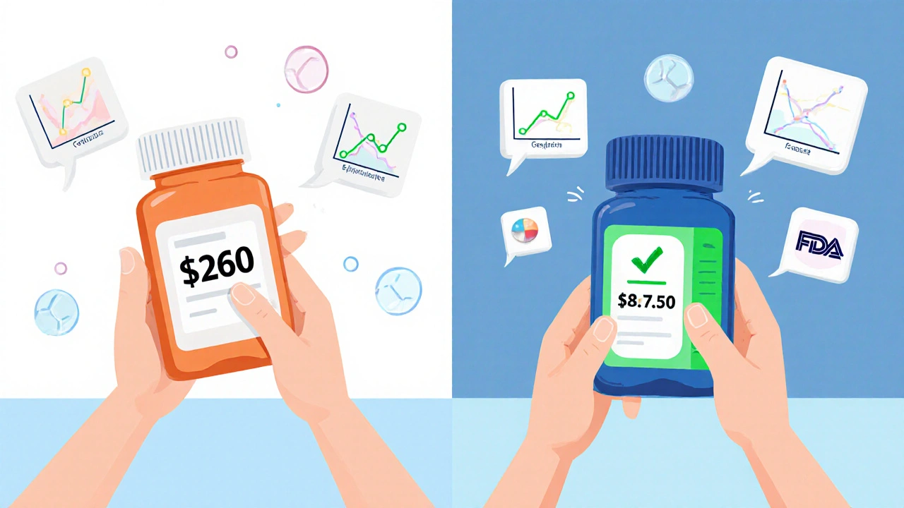Patient comparing expensive brand-name pill to affordable generic with FDA approval and cost savings shown visually.