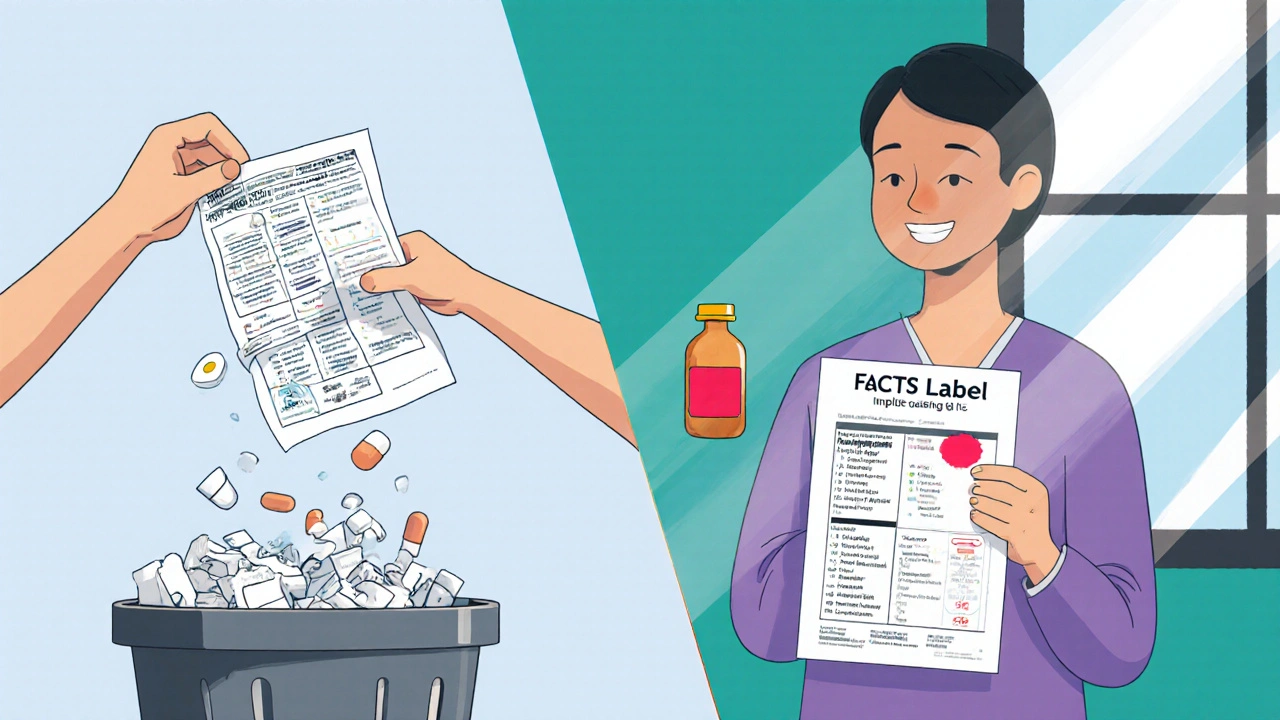 Patient discarding old paperwork on left, holding clear FDA-approved Facts Label on right with simple icons and text.