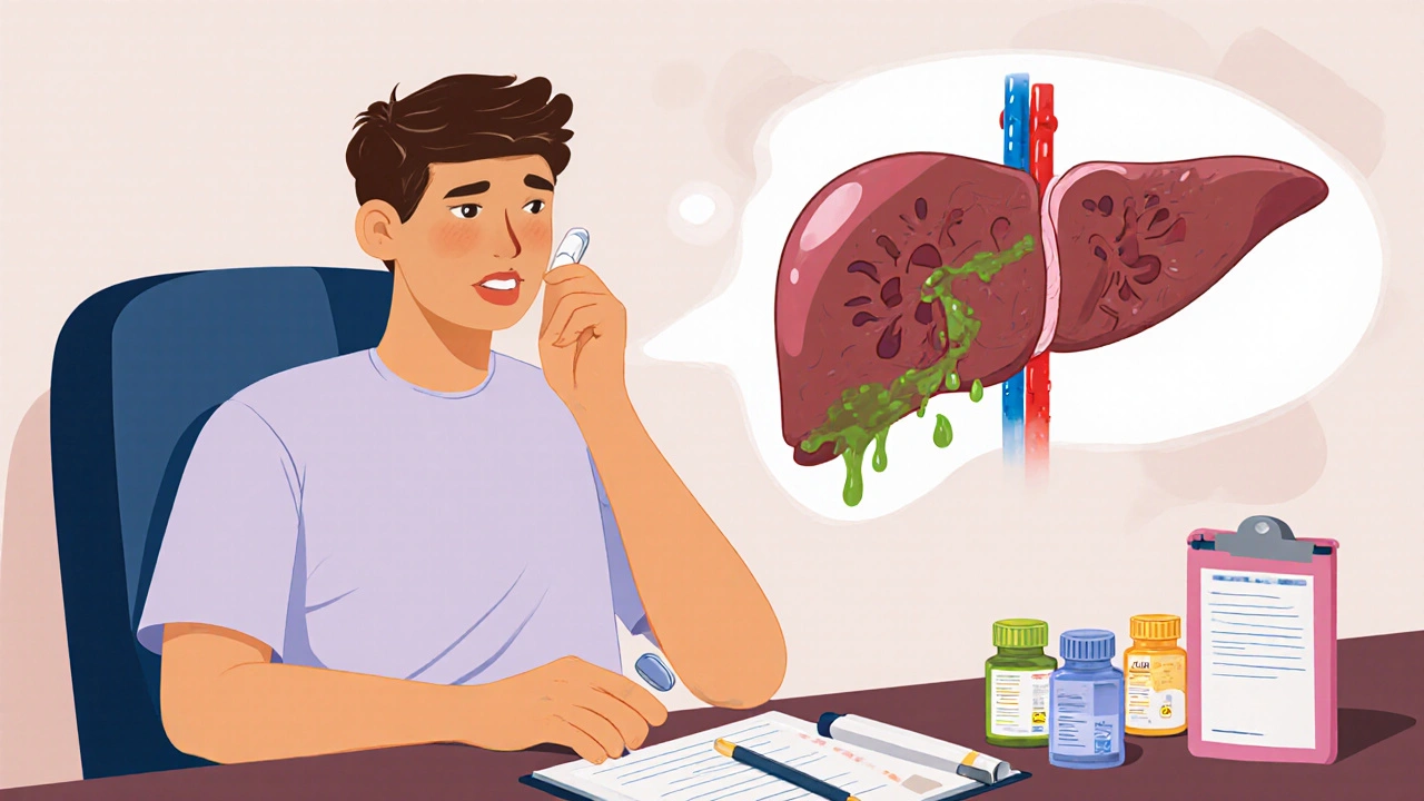 Patient in doctor&#039;s office with liver showing blocked enzymes and better opioid options glowing.