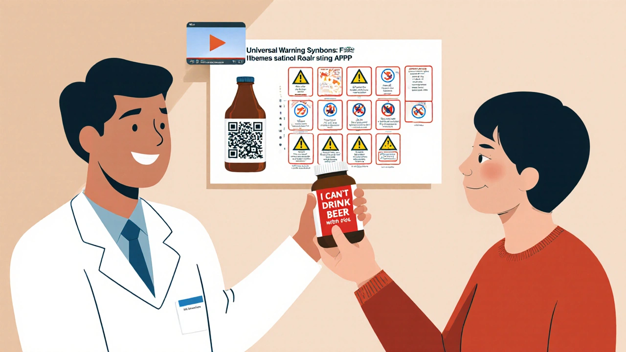 Pharmacist and patient together, with the patient repeating instructions and a QR code on the bottle emitting a video icon.