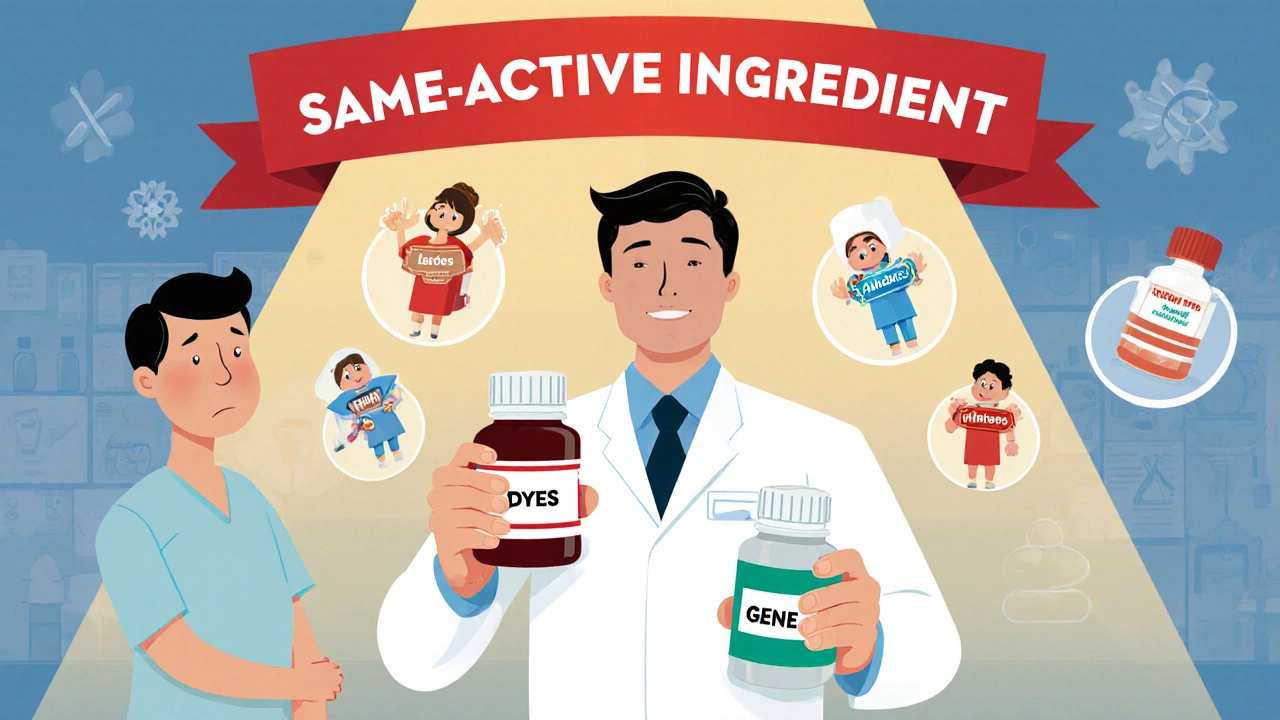 Pharmacist explains to a patient that generic and brand pills have the same active ingredient.