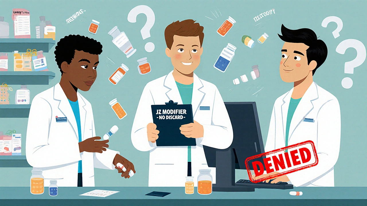 Pharmacy team managing JZ modifier billing with denied claim stamp and discarded vials.