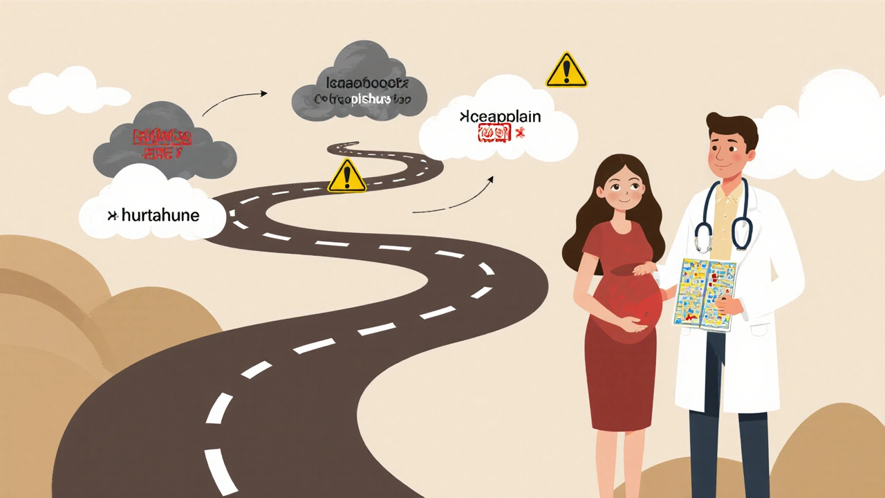 Pregnancy timeline road with storm clouds of teratogens over the first trimester, guided by a doctor and pharmacist.