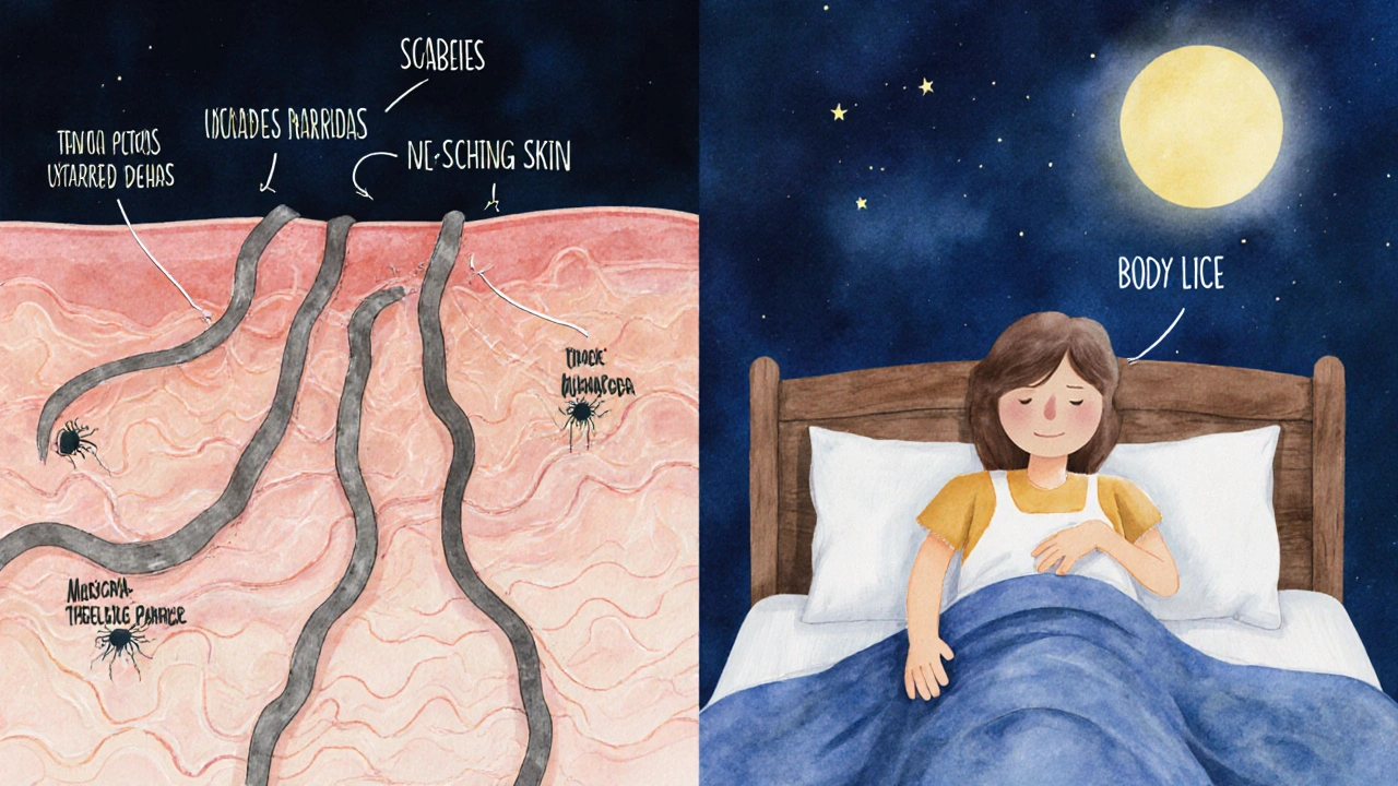 Scabies burrows under skin and body lice on fabric, with a person scratching at night.