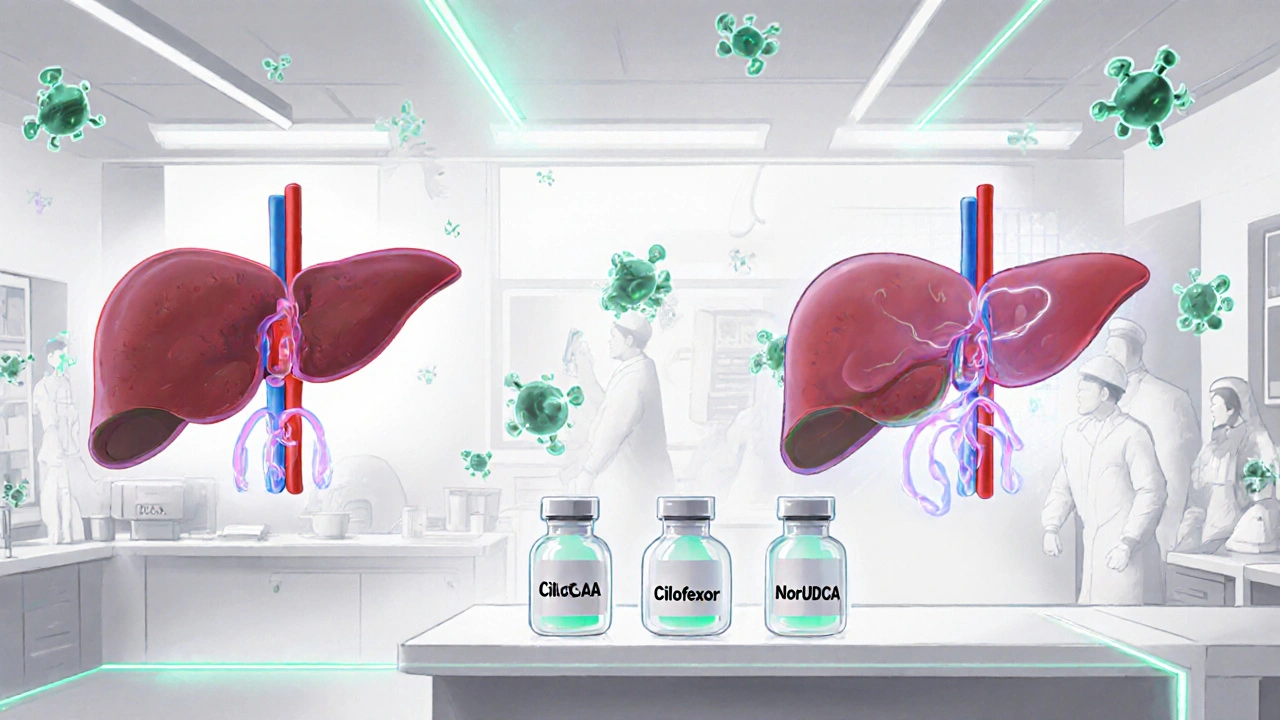 Scientists studying holographic liver models with glowing experimental drug vials in a modern lab.