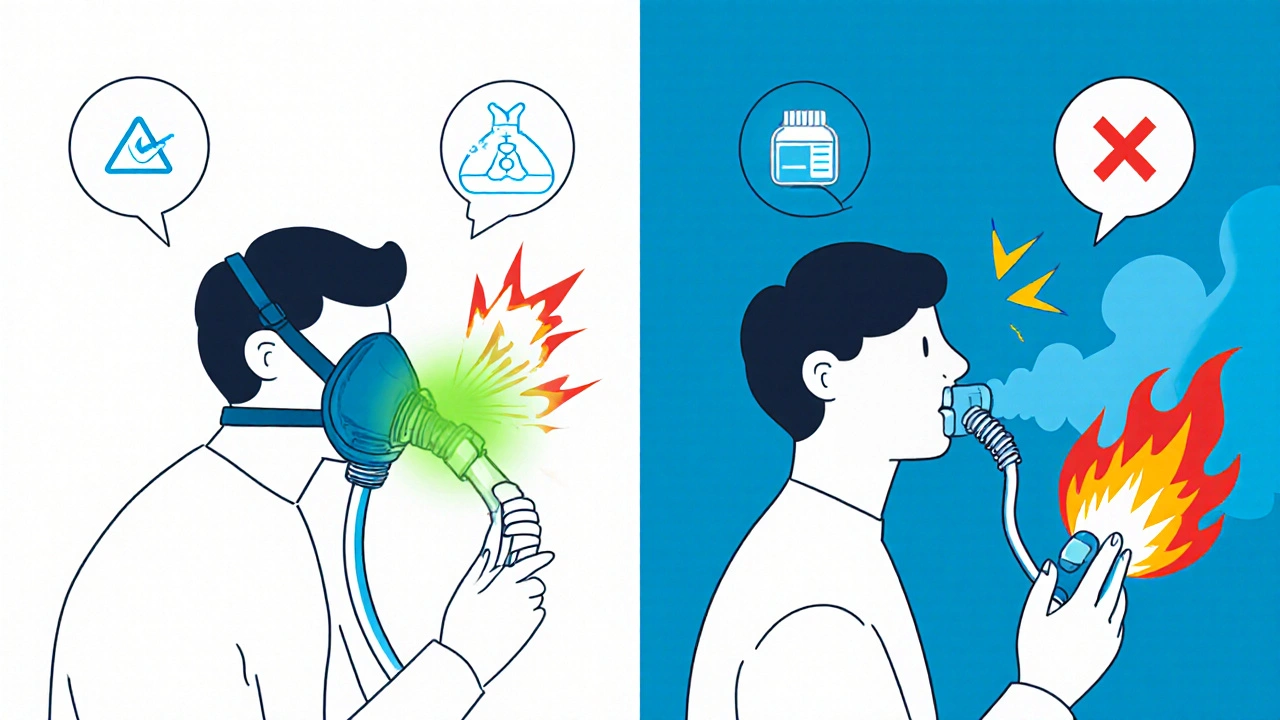 Side-by-side: person relieved by oxygen mask vs. another with ineffective nasal cannula, medical symbols showing success and failure.