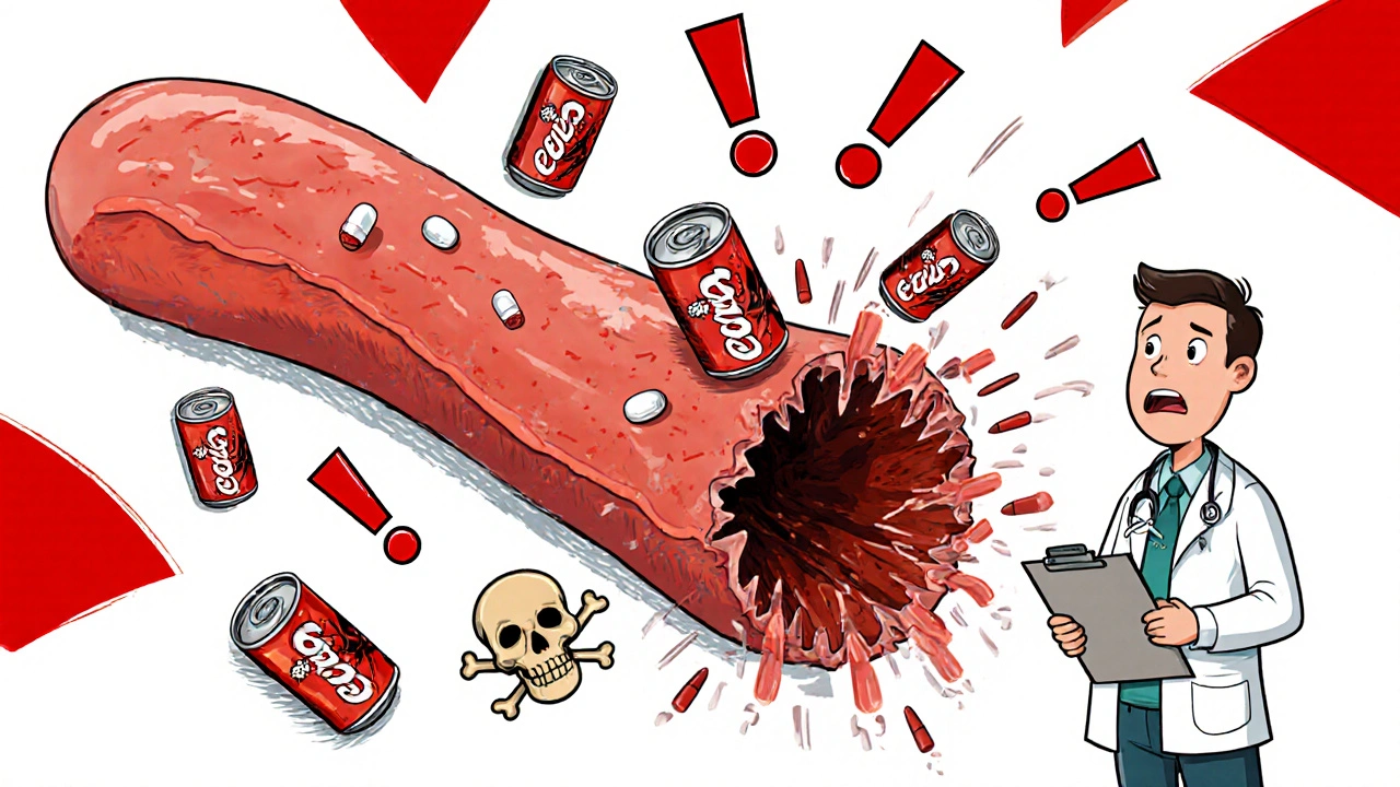 Split illustration: healthy vs. damaged blood vessel under attack by energy drinks and stimulant pills.