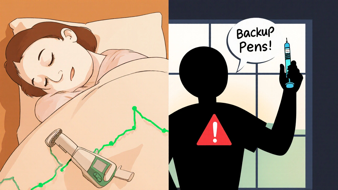 Split scene: peaceful sleep with pump vs. shadowy syringe with backup pens warning, dawn lighting.