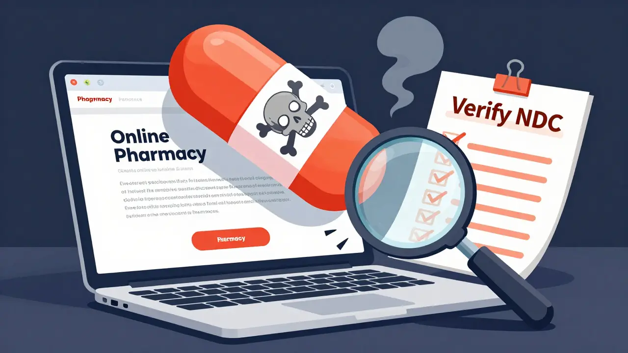 A fake pill with a skull label is being destroyed by a magnifying glass and checklist labeled 'Verify NDC' from a shady website.