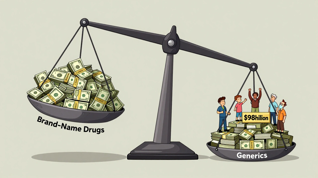 A giant scale shows brand-name drugs weighing 0 billion versus generics at  billion, with patients standing firmly on the cheaper side.