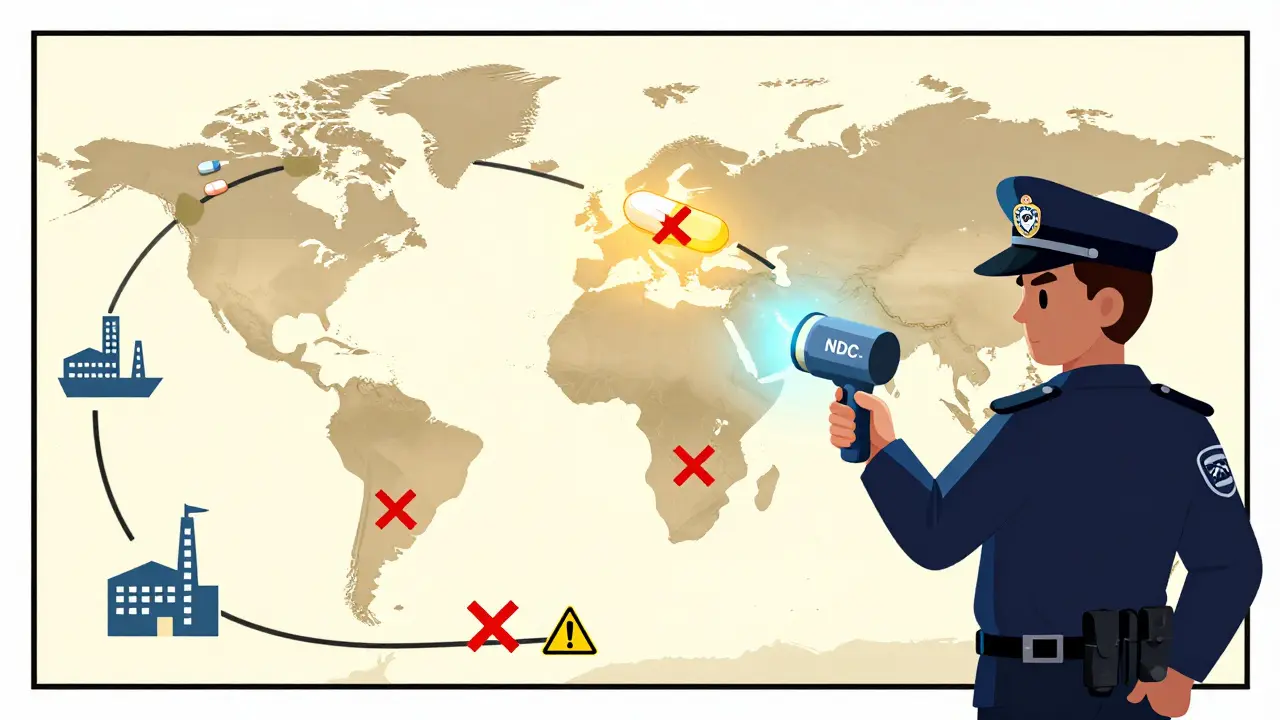 A global map shows counterfeit pills being intercepted by an FDA detective with a glowing NDC scanner.
