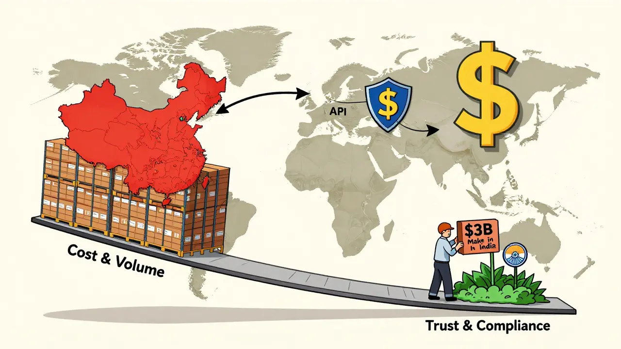 A global supply chain map showing China's cost advantage versus India's compliance edge, with a B investment strengthening India's side.