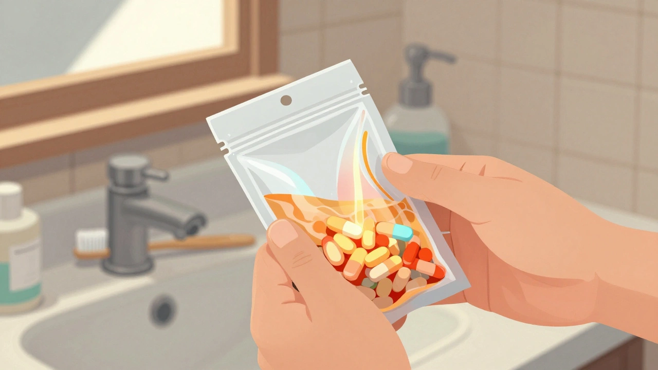 A hand sealing a deactivation pouch with water and pills inside.