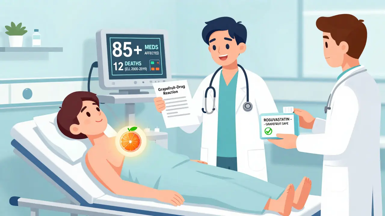A hospital scene with a patient affected by grapefruit-drug interaction, surrounded by medical alerts and a safer prescription.