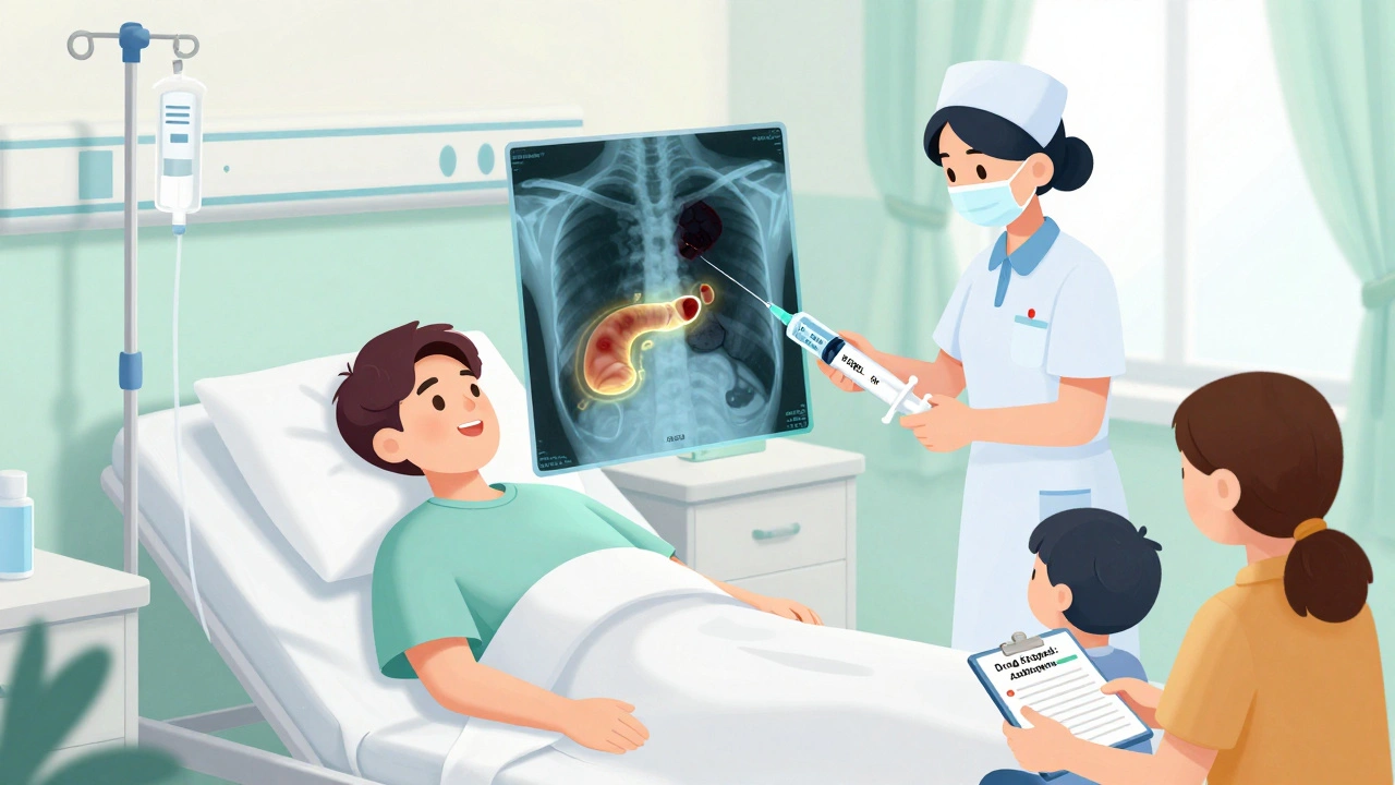 A hospitalized patient with transparent view of damaged pancreas, receiving IV fluids and stopping a risky drug.