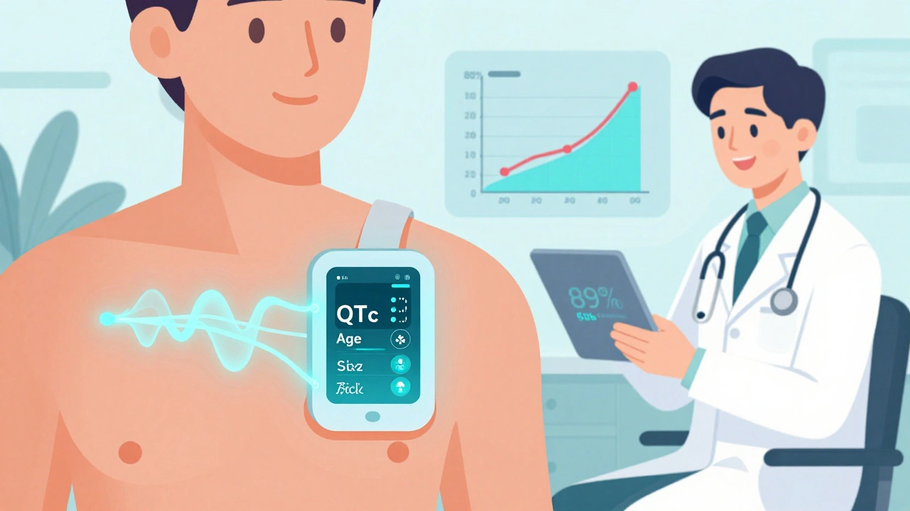 A patient wearing a wearable ECG patch connected to a digital risk calculator dashboard showing safe medication trends.