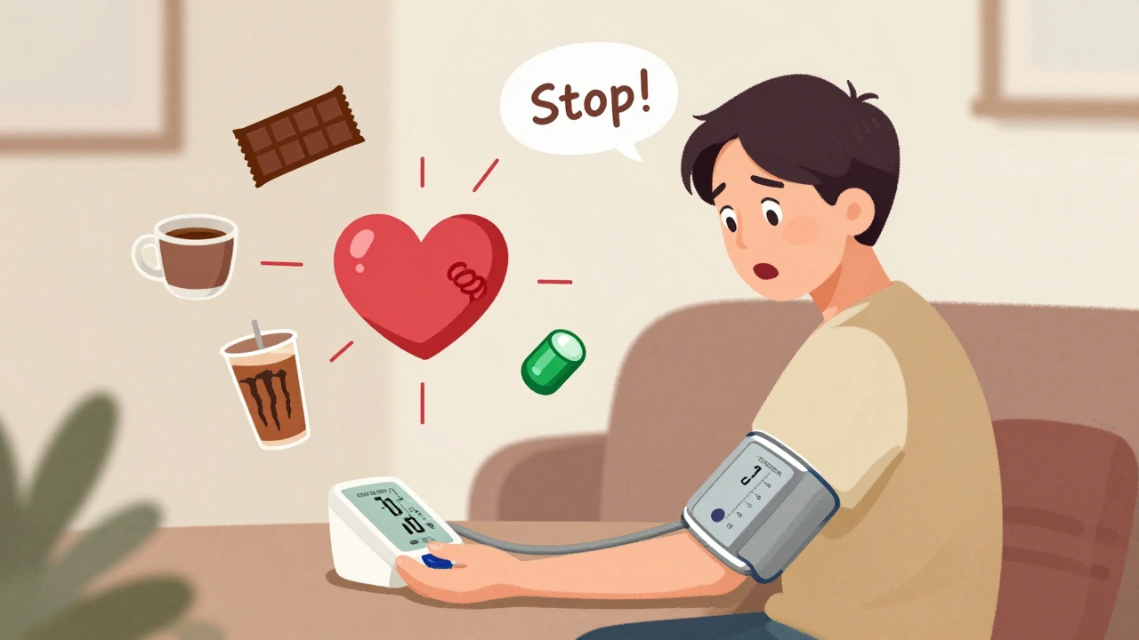 A person checking their blood pressure at home as readings fluctuate wildly, surrounded by caffeine sources and warning signs.