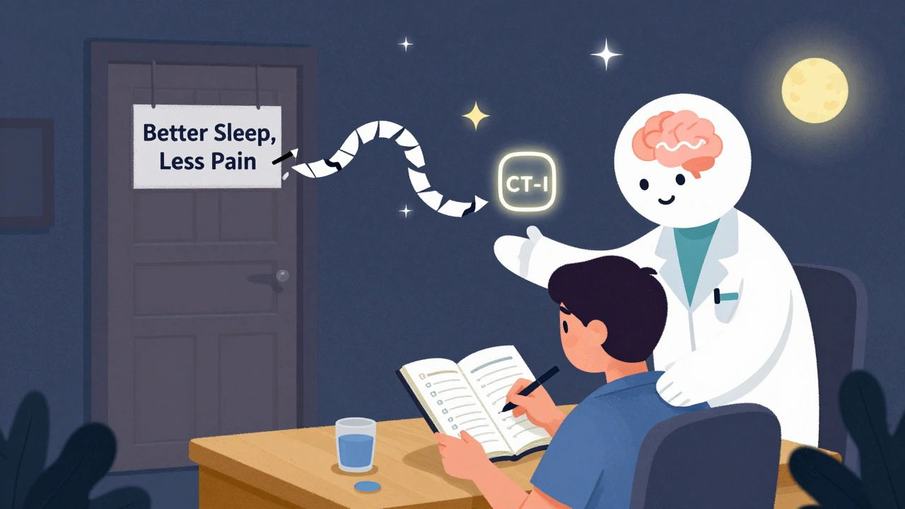 A person journaling sleep and pain while a therapist guides them toward healing through CBT-I.