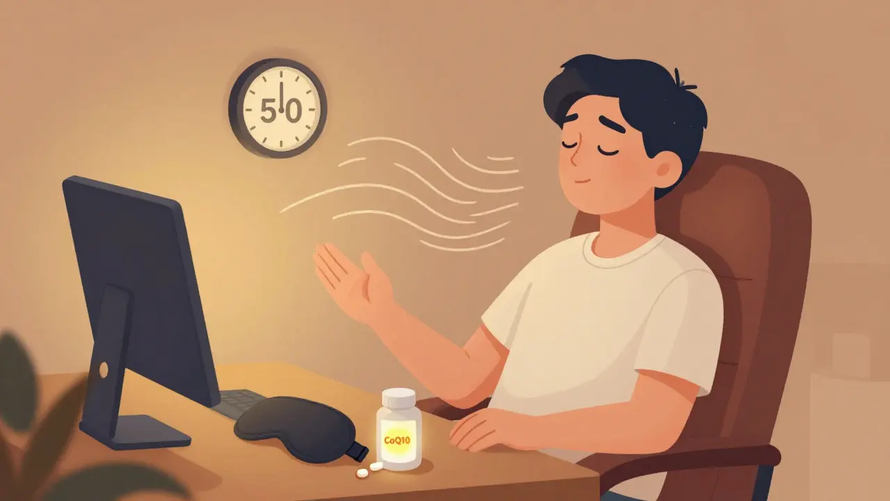 A person practicing pacing with a 50/10 schedule, resting calmly with CoQ10 and sleep mask nearby, surrounded by soft energy waves.