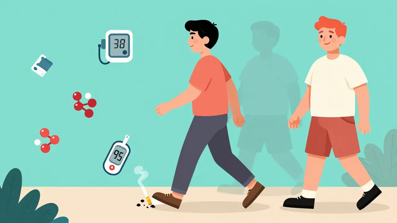 A person walking as health icons float around them, leaving behind a shadowy unhealthy version.