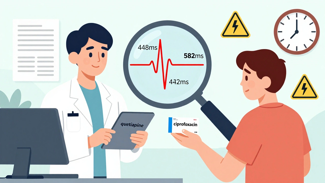 A pharmacist and patient exchanging medications, with a dramatic QT interval spike visualized between them.