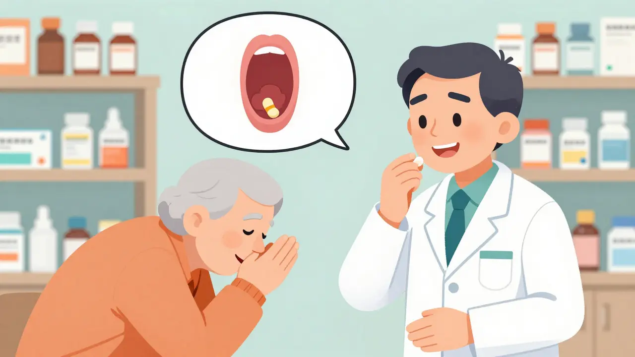 A pharmacist demonstrating the lean-forward technique to help someone swallow a pill safely.