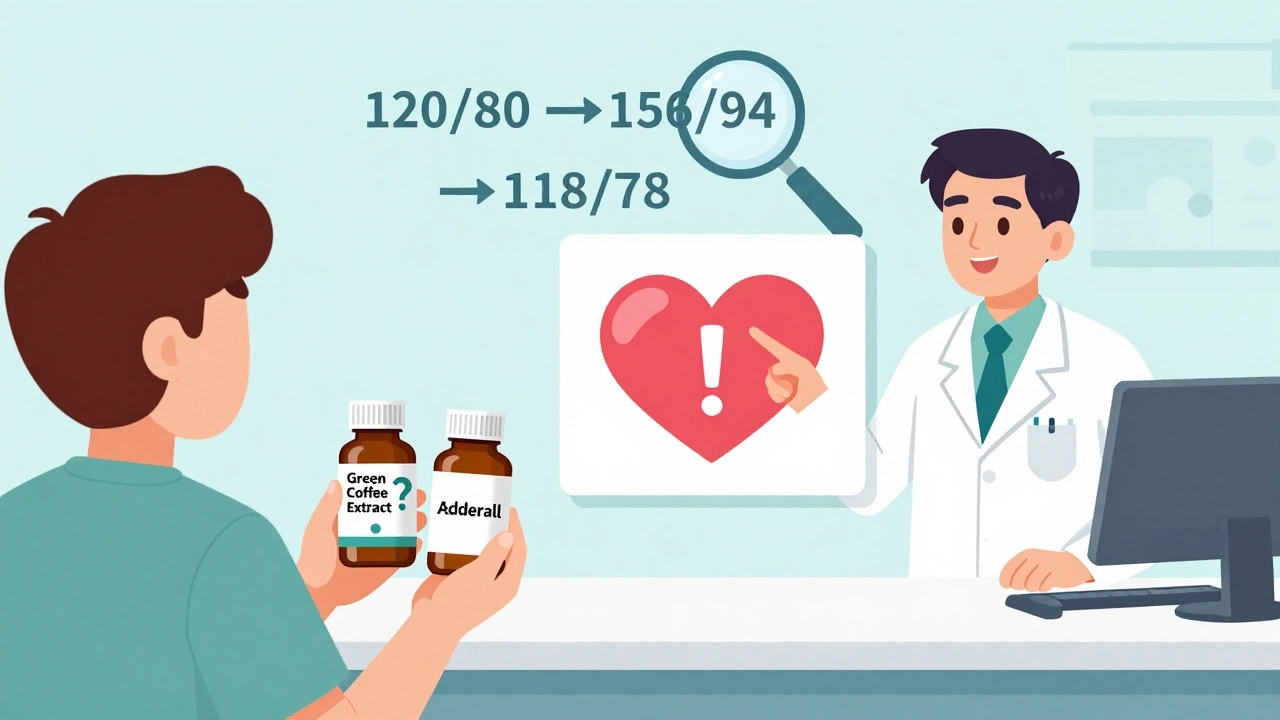 A pharmacist warning a patient about combining green coffee extract with ADHD medication at a pharmacy counter.