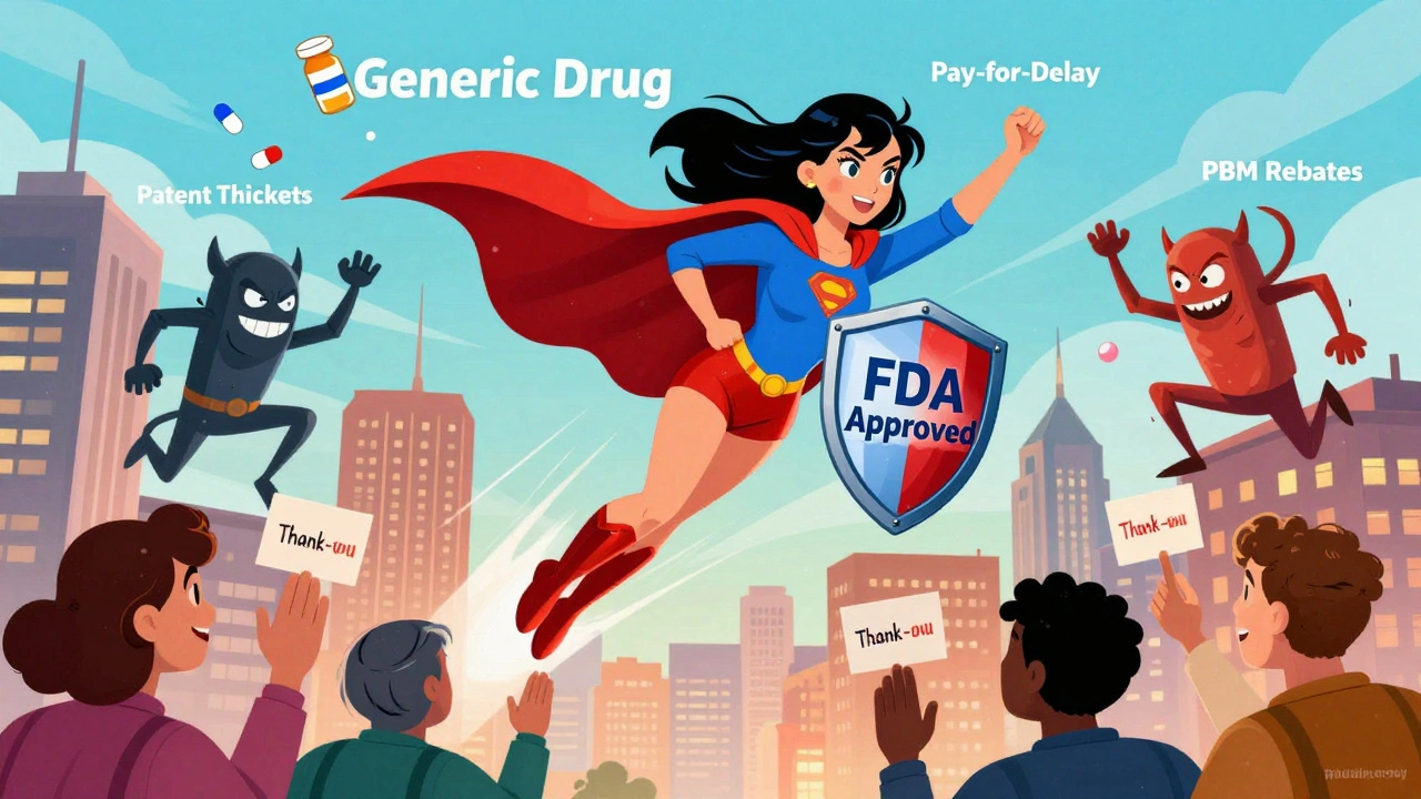 A superheroine made of pill bottles defeats corporate villains, soaring over a city as grateful citizens cheer below.