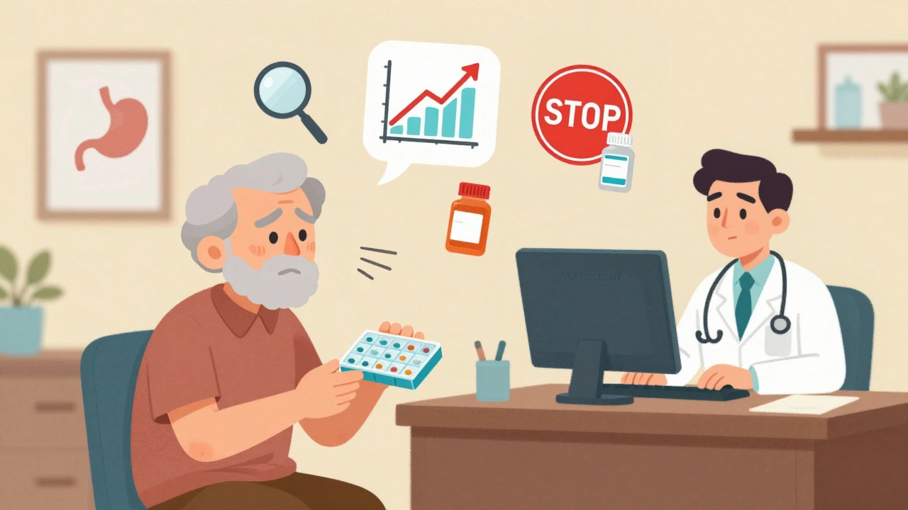 An elderly patient in a doctor&#039;s office, alarmed as medical icons float above, while the doctor ignores them.