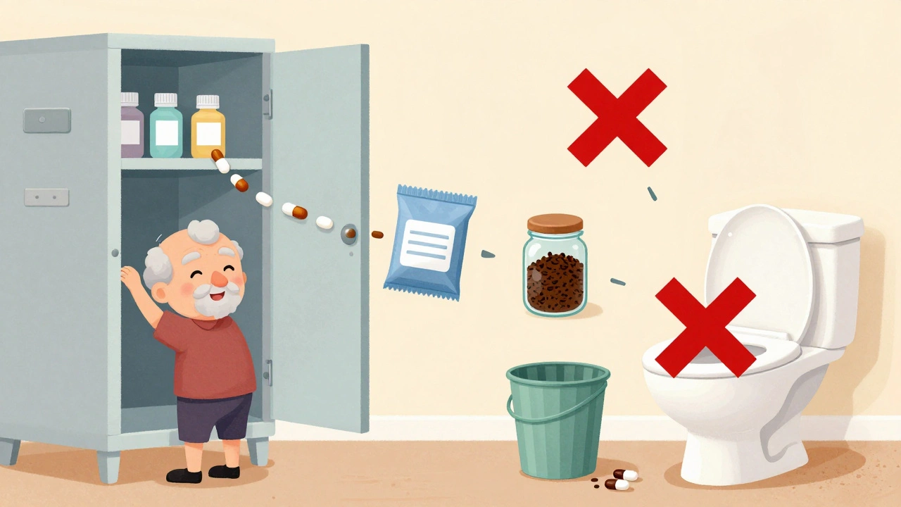 An elderly person cleaning out a medicine cabinet with three safe disposal options shown.