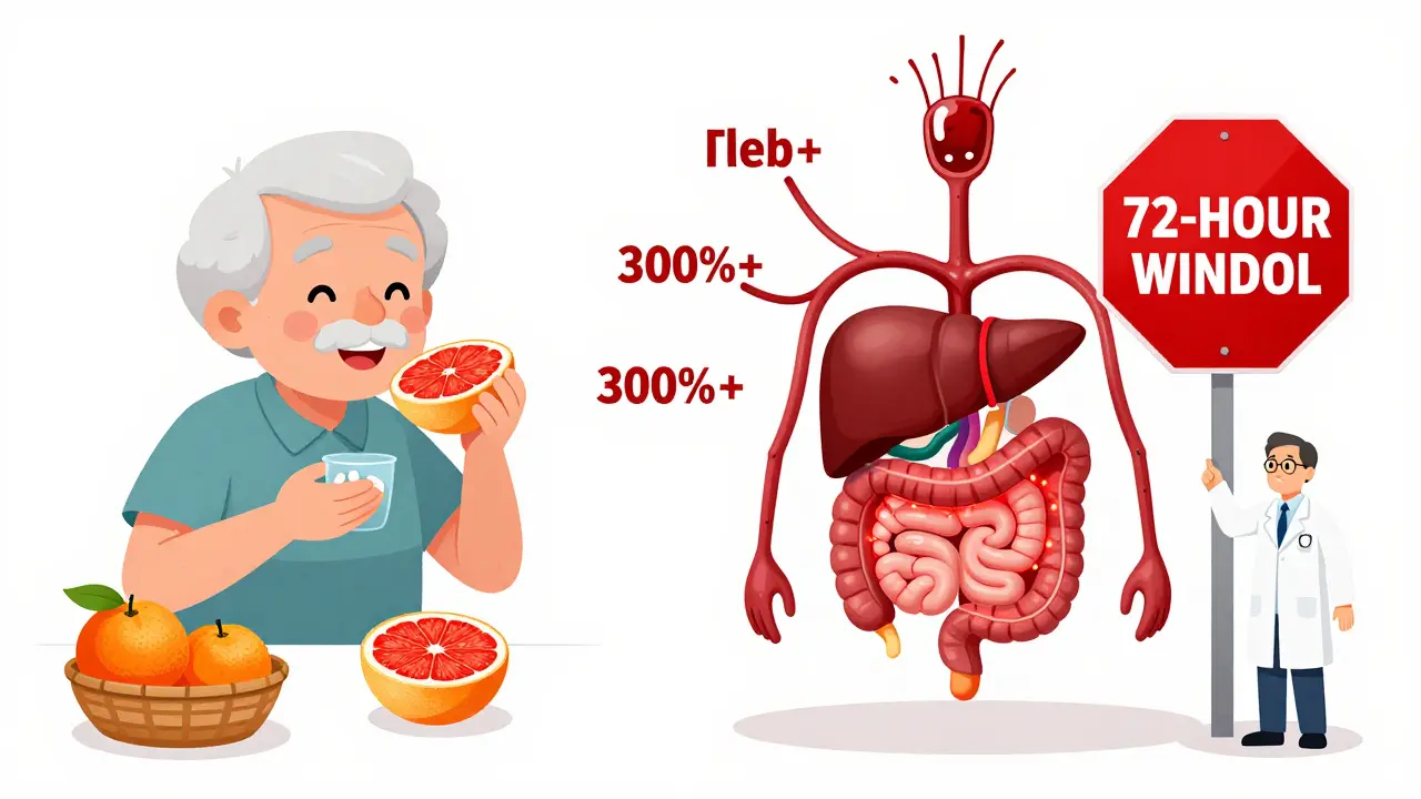 An elderly person eating grapefruit with meds, while their body shows dangerous drug spikes and safe oranges nearby.