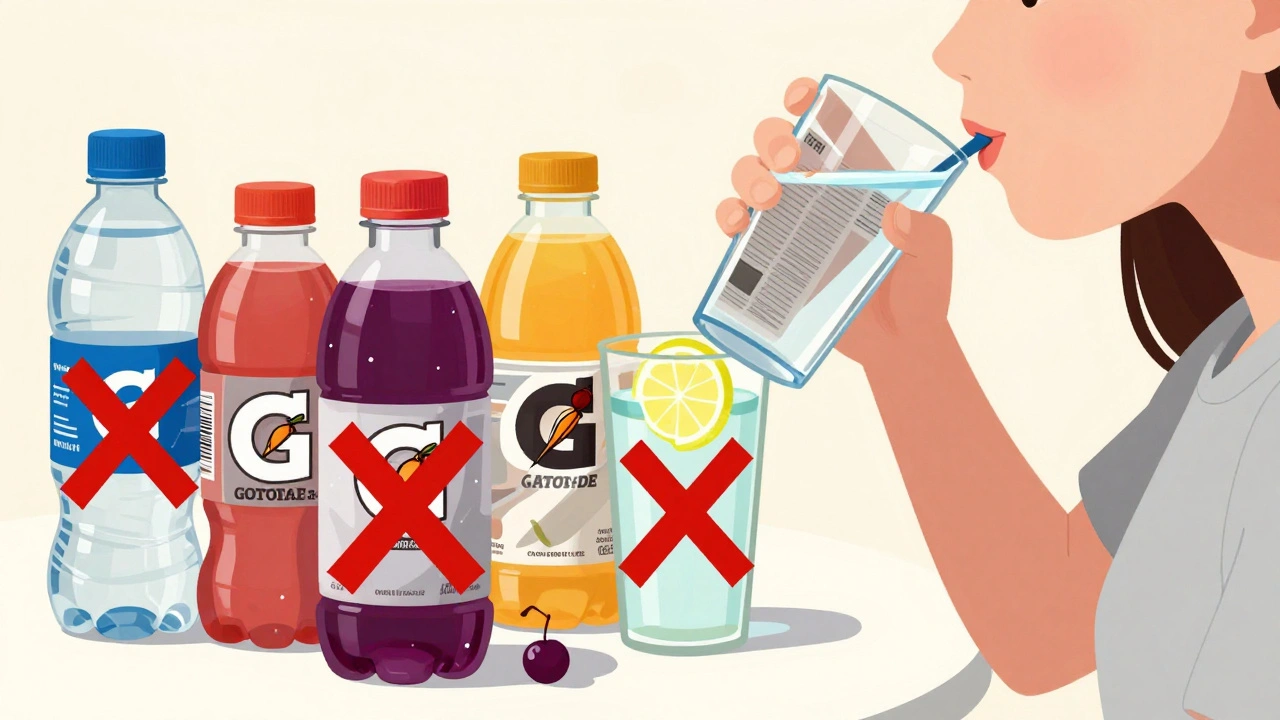 Clear liquids like water and juice with red and purple drinks crossed out, newspaper visible through liquid.