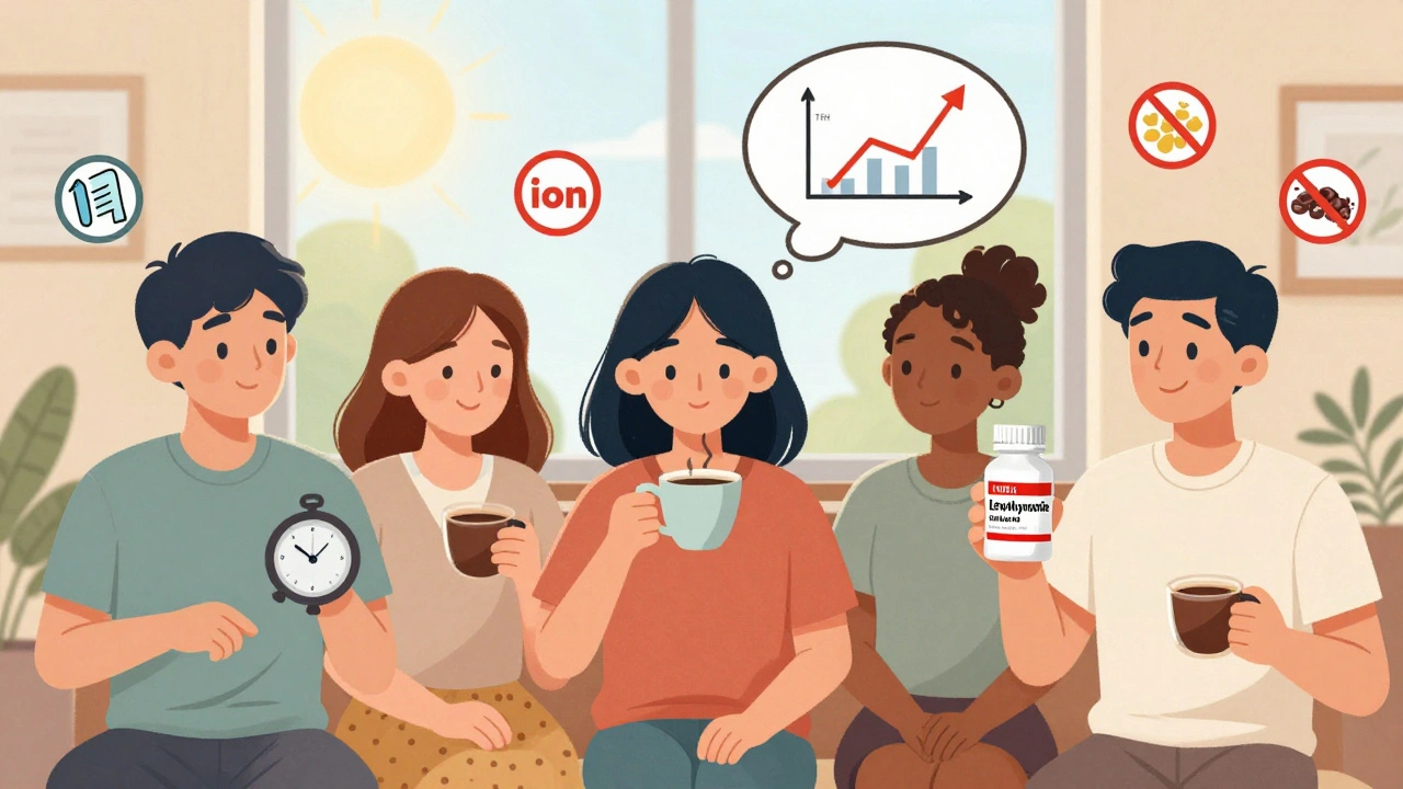 Diverse people in morning routines with coffee and thyroid medication, visualizing absorption differences.