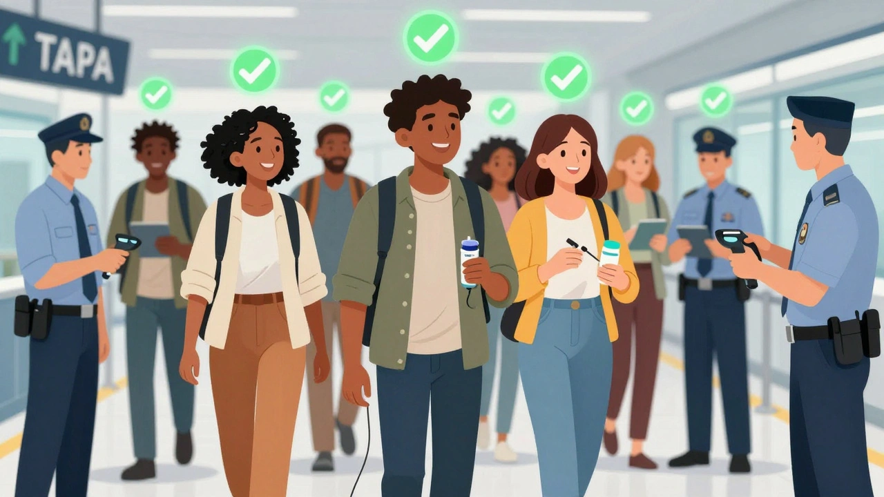 Diverse travelers passing through a medical screening lane with TSA officers using handheld scanners.