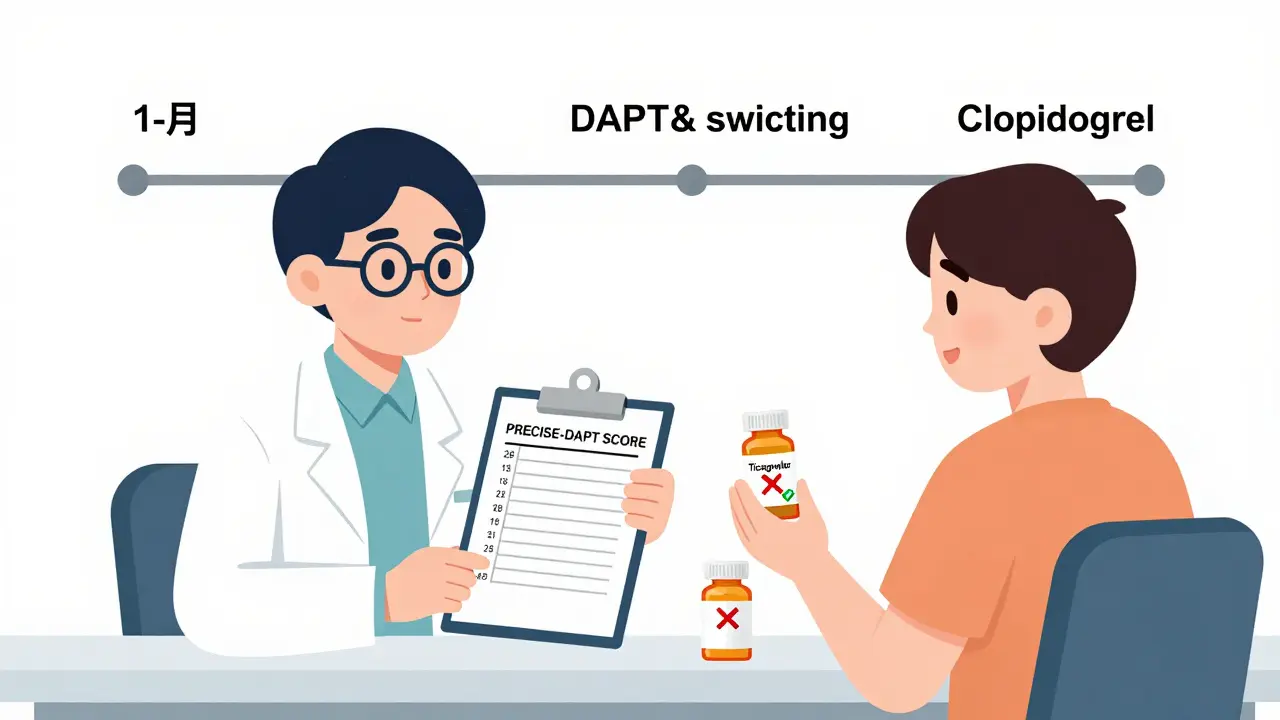 Doctor and patient reviewing PRECISE-DAPT score, switching from ticagrelor to clopidogrel.