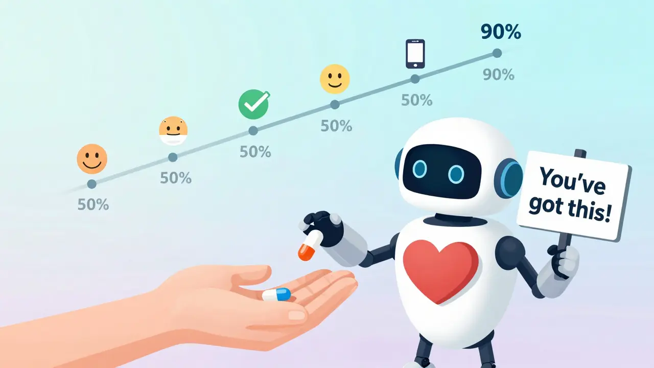 Friendly robot sending a supportive text reminder to a hand holding a pill, with adherence graph above.