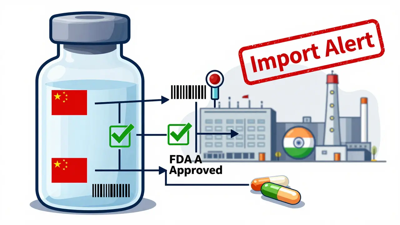 Inside a medicine bottle, raw materials from China flow through an Indian factory with digital tracking to become FDA-approved pills.