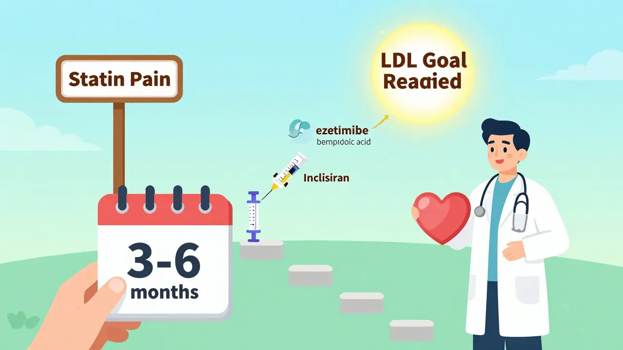 Journey timeline from statin pain to cholesterol goal with alternative treatments shown as steps.