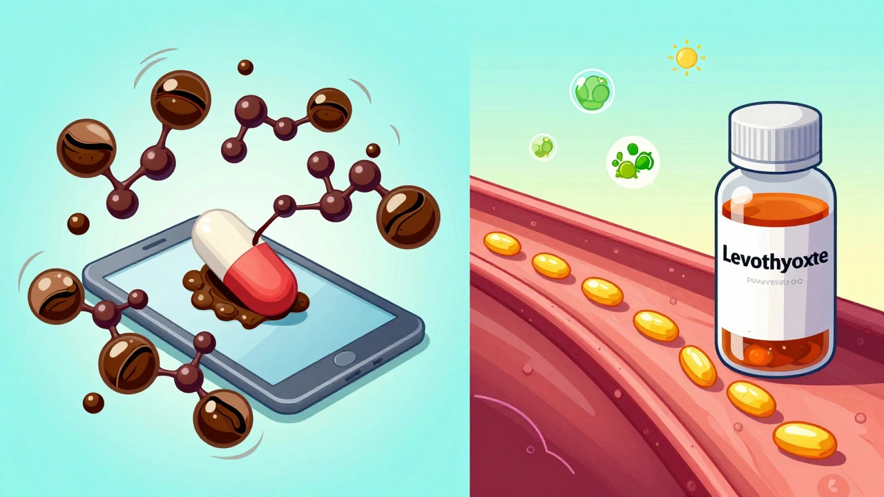 Levothyroxine tablet bound by coffee molecules versus liquid form absorbing freely into bloodstream.